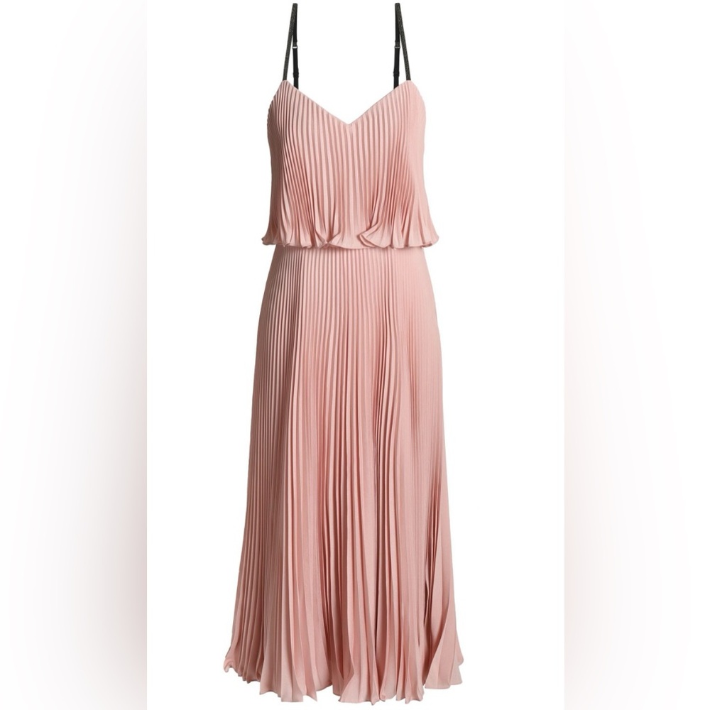 HALSTON Pink Pleated Midi Dress